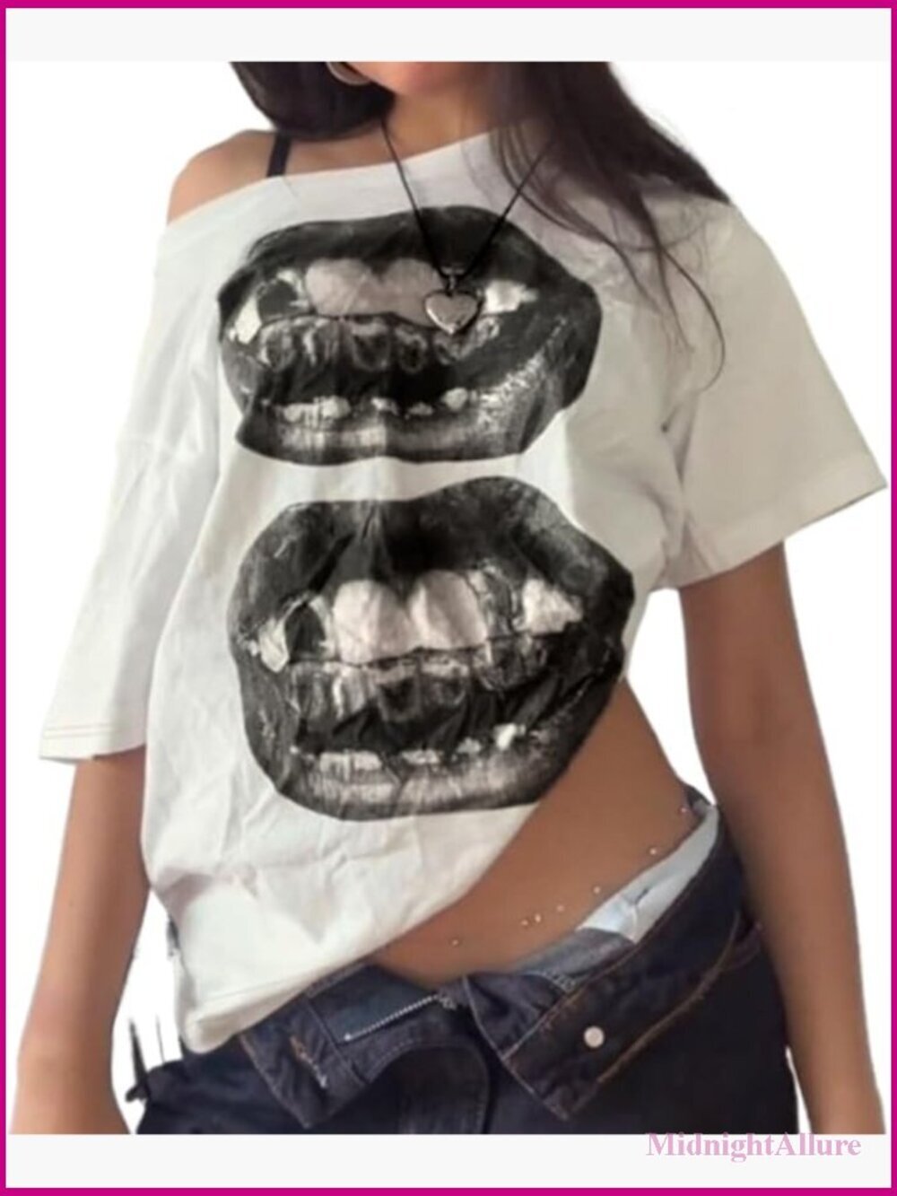 Off Shoulder Oversized Lips Graphic Tee Y2k Baggy Tshirt Summer Streetwear Top